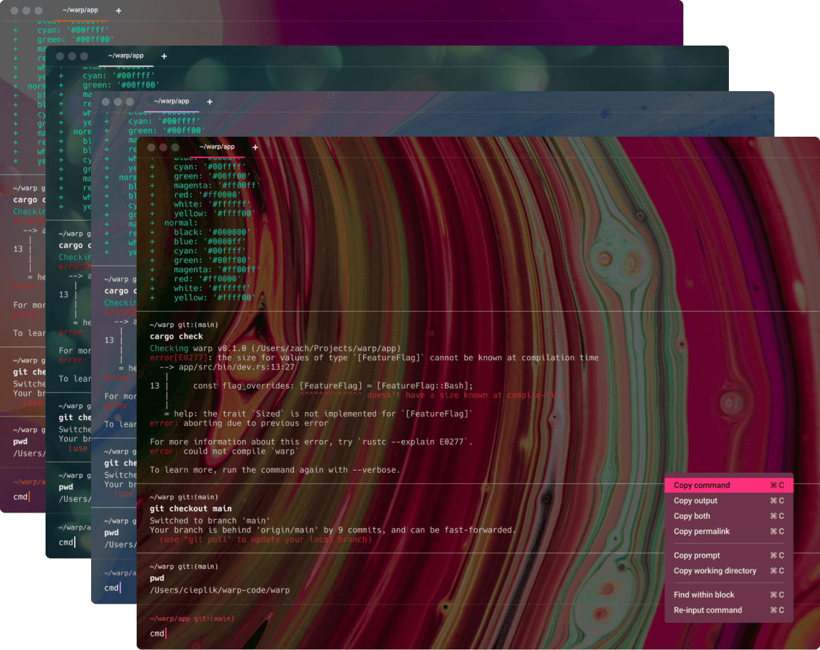 Screenshot of the Warp terminal showing multiple overlapping terminal windows with various commands and outputs. The background features a vibrant, abstract design with swirling colors.