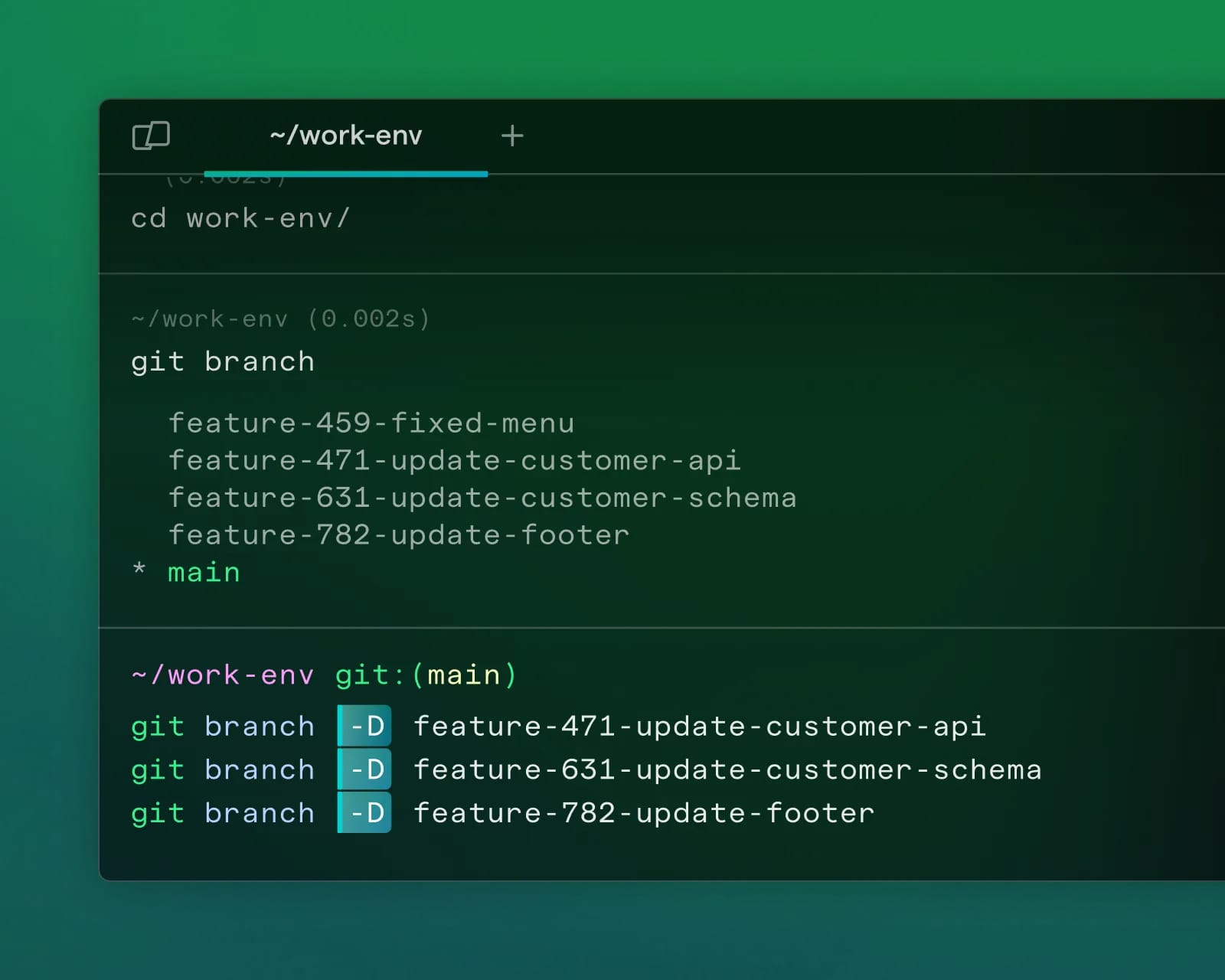 A terminal window showing git commands and outputs, including listing branches and switching branches. The background has a green gradient effect.