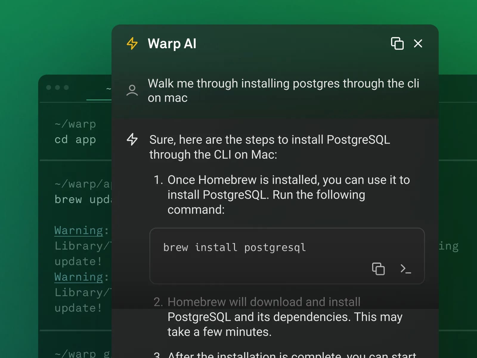 A terminal window with Warp AI providing steps to install PostgreSQL on a Mac using the CLI. The background has a green gradient effect.