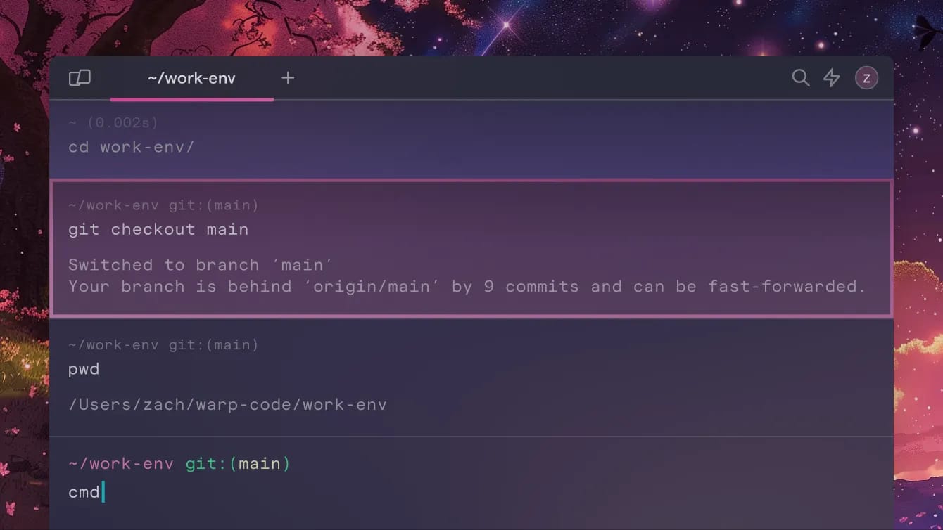 Screenshot of the Warp terminal showing Git commands such as 'git checkout' and 'git merge', with a dark purple-themed interface and a background featuring a starry night sky with nebula clouds.