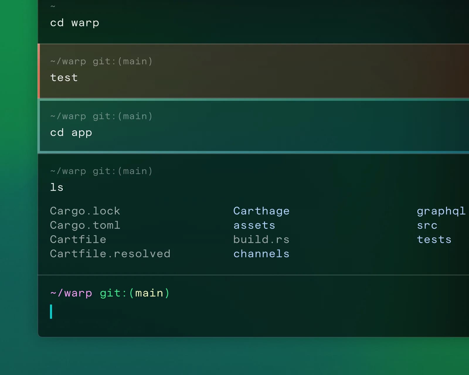 A terminal window showing commands to change directories and list contents. The background has a green gradient effect.