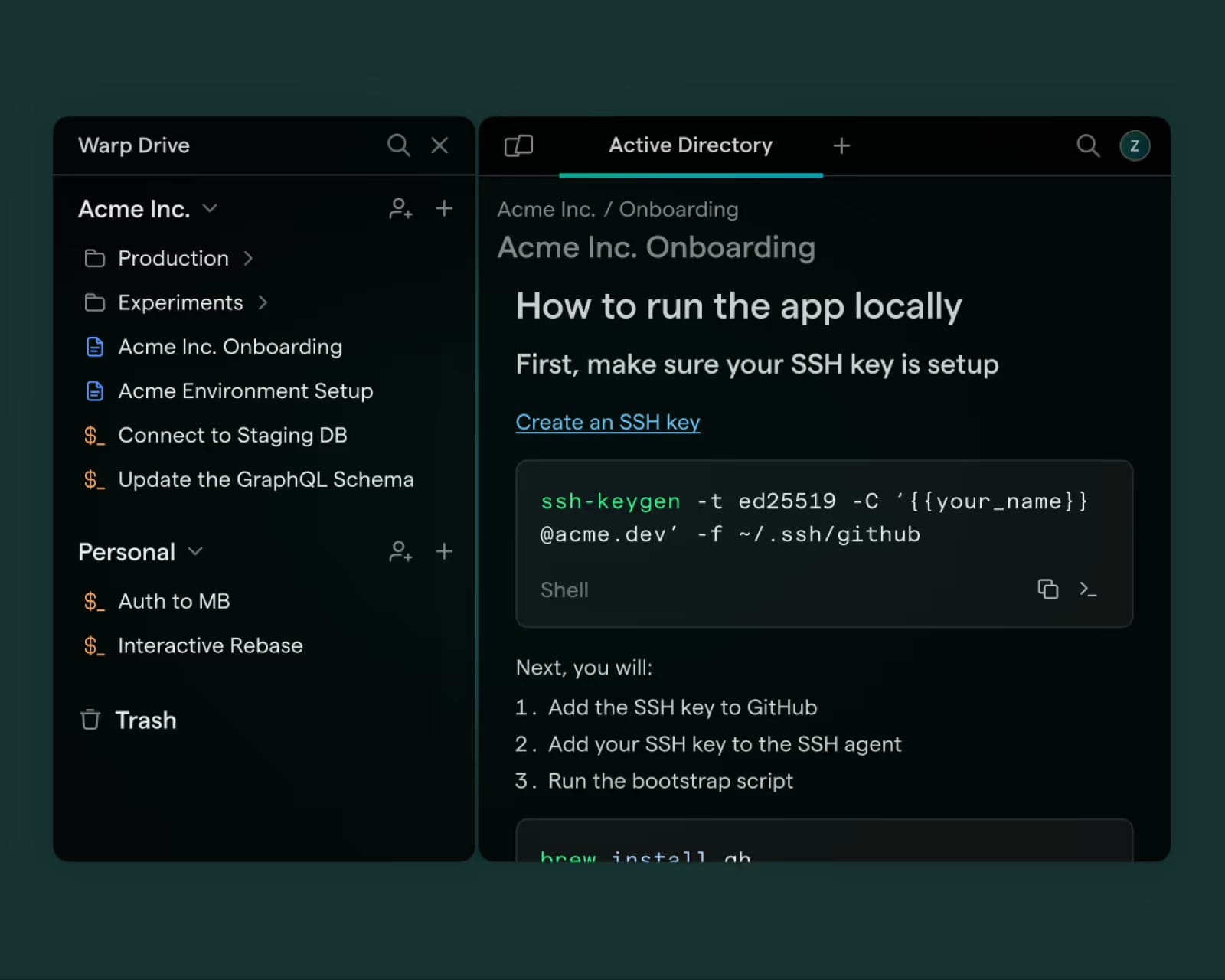 Warp terminal window showing instructions for running an app locally, including setting up an SSH key, with a sidebar containing various documentation sections.