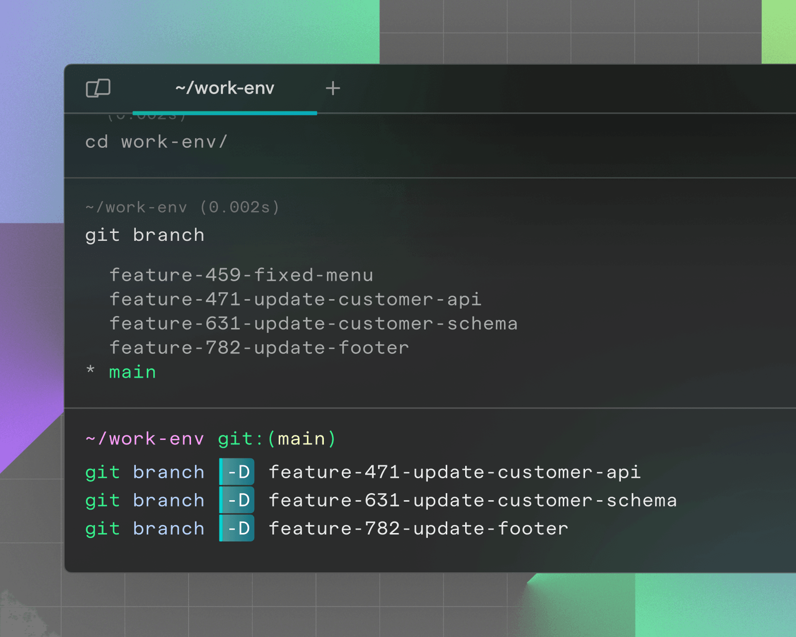 Warp terminal window showing a list of Git branches, including feature branches and the main branch, with branch details and status.