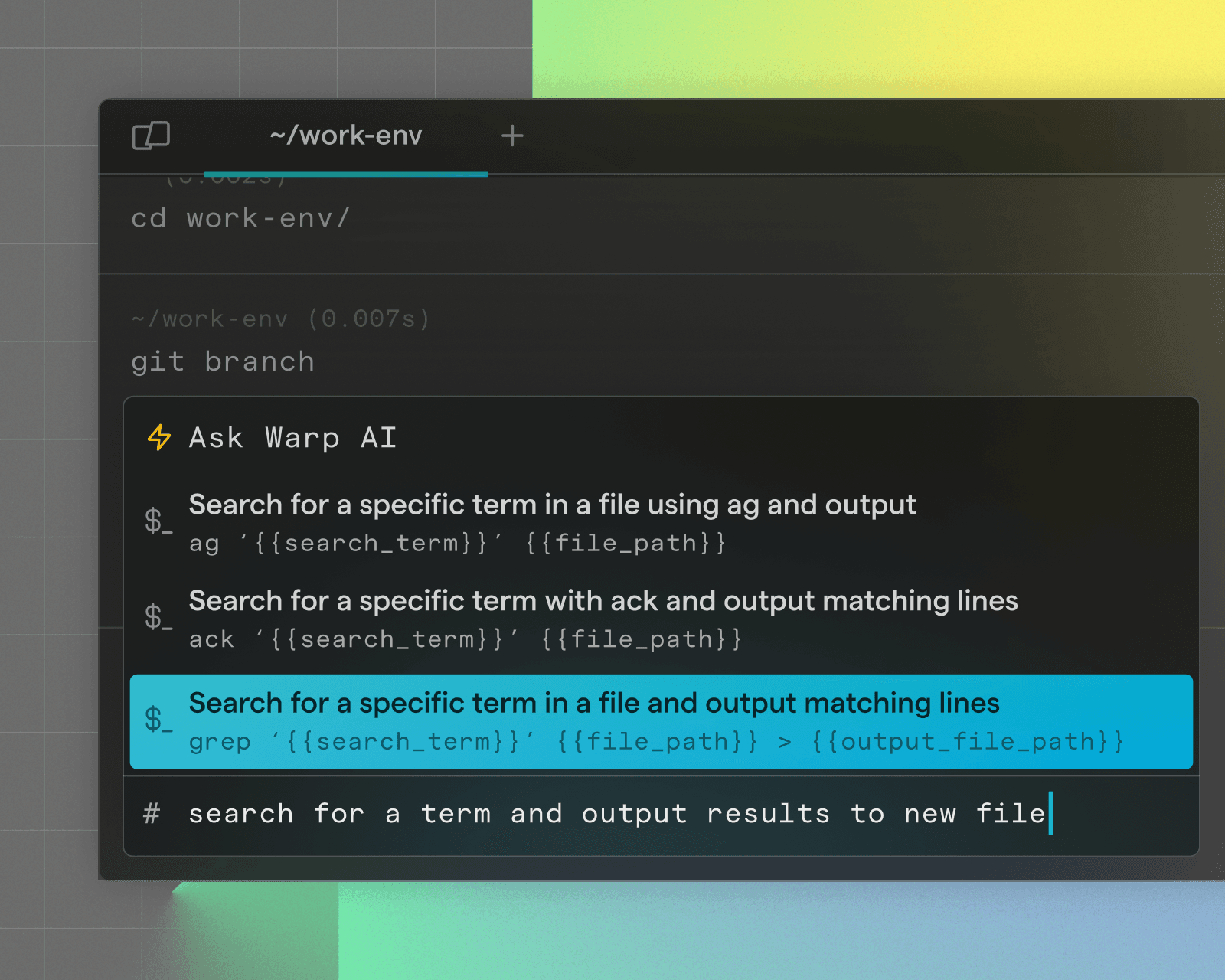 Warp terminal window with a command prompt and a dropdown menu from Warp AI suggesting search commands for specific terms in files.