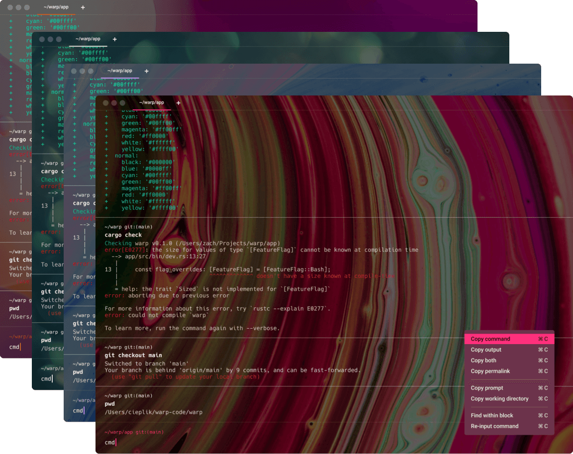 Screenshot of the Warp terminal showing multiple overlapping terminal windows with various commands and outputs. The background features a vibrant, abstract design with swirling colors.