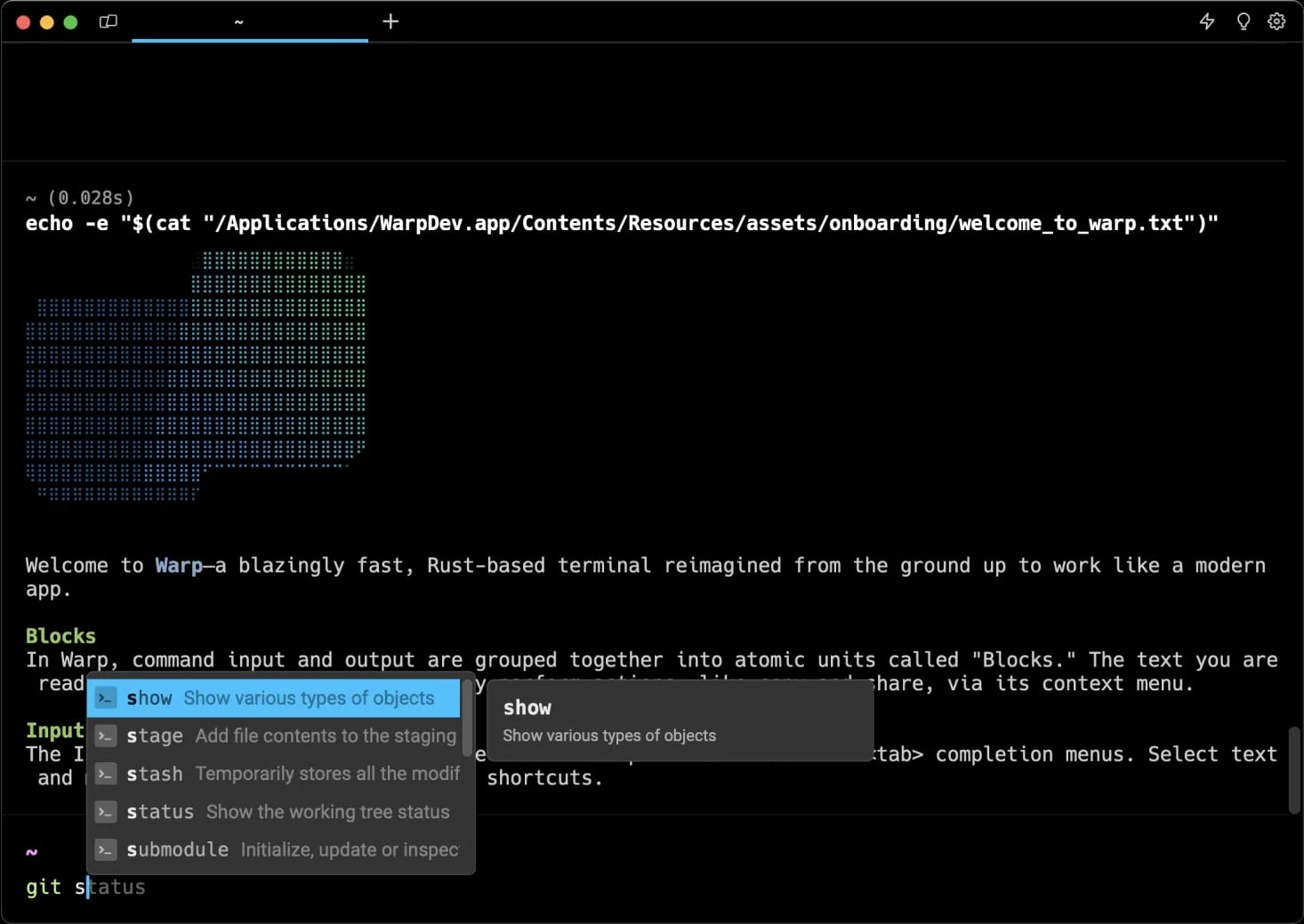 Screenshot of the Warp terminal displaying a command with an autocomplete suggestion dropdown. The interface shows a dark theme with text and command options highlighted in the dropdown menu