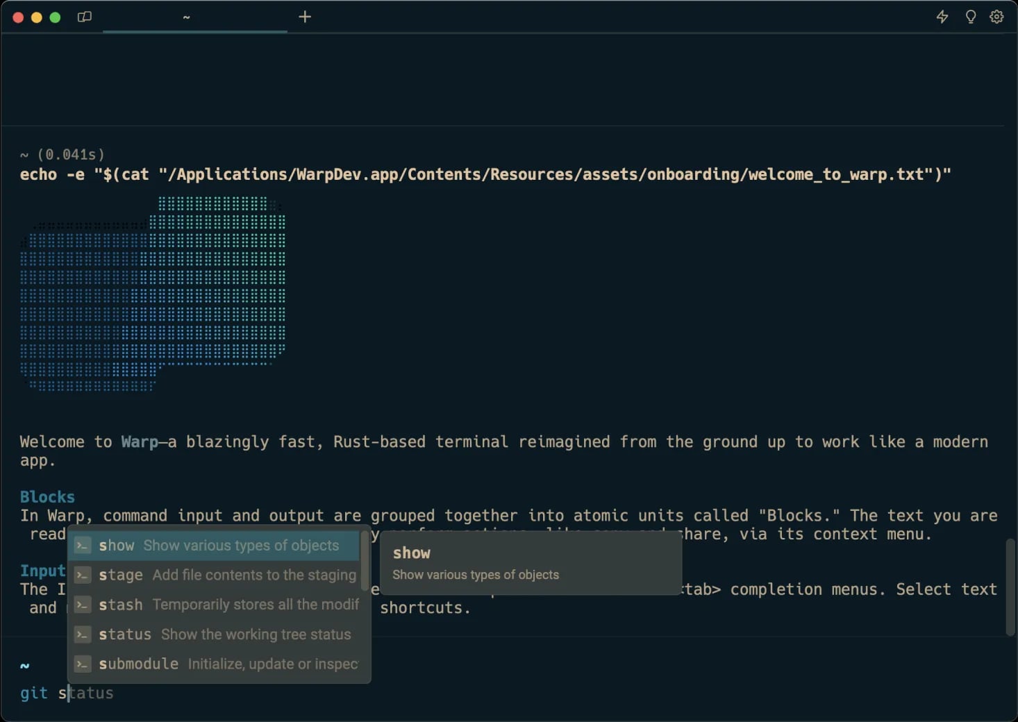 A computer screen displaying a code editor with a command to open a file and a pop-up suggestion for file paths. The background is dark with a subtle abstract design.