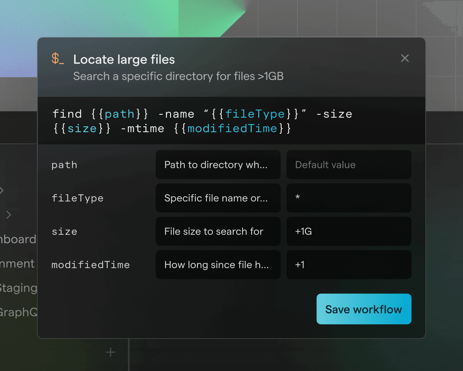 Warp terminal window displaying a script to locate large files in a directory, with fields for path, file type, size, and modification time.