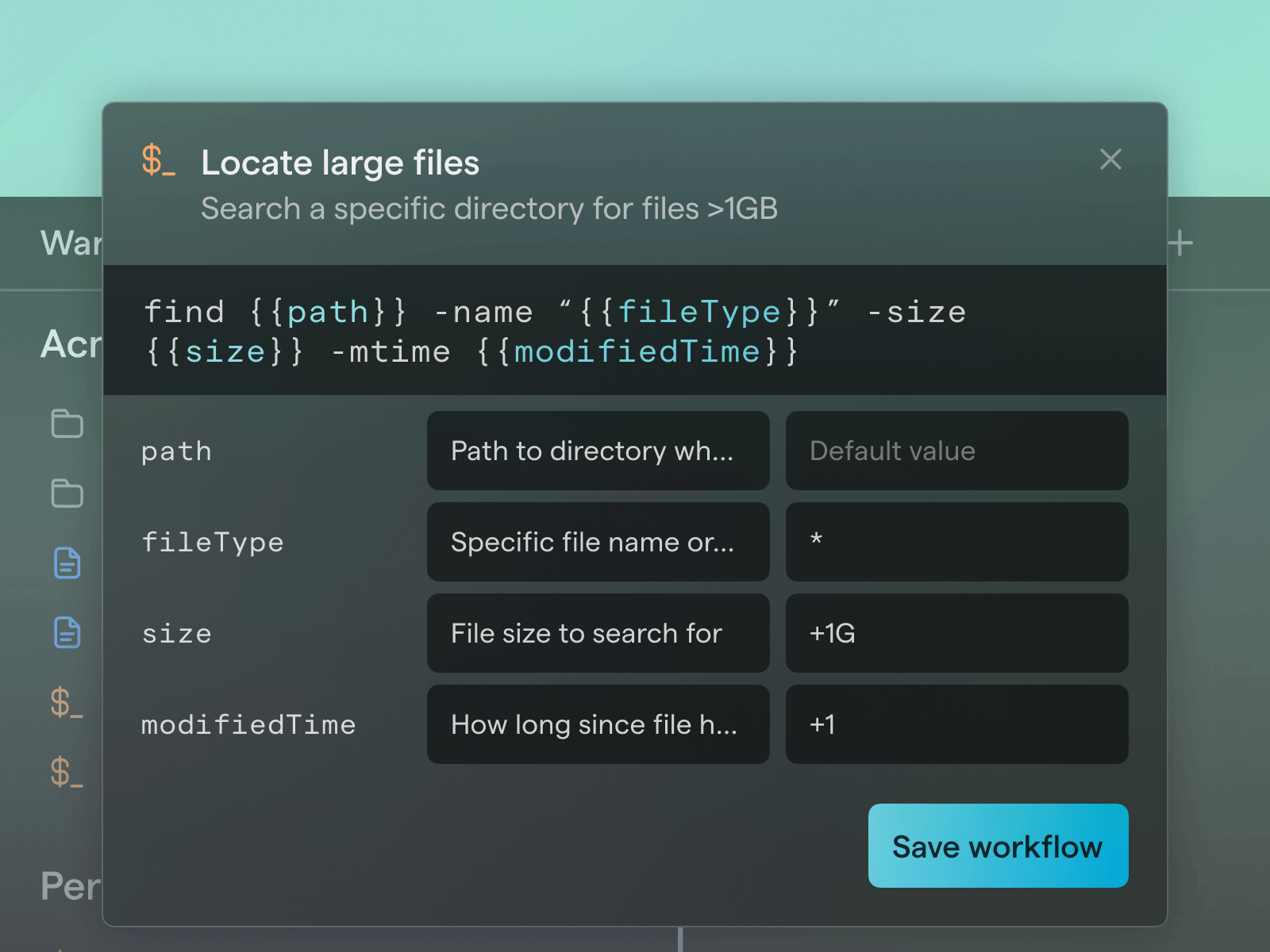 Screenshot of the Warp terminal displaying a workflow for locating large files. The interface shows fields for specifying path, file type, size, and modification time, with a sample command structure provided.