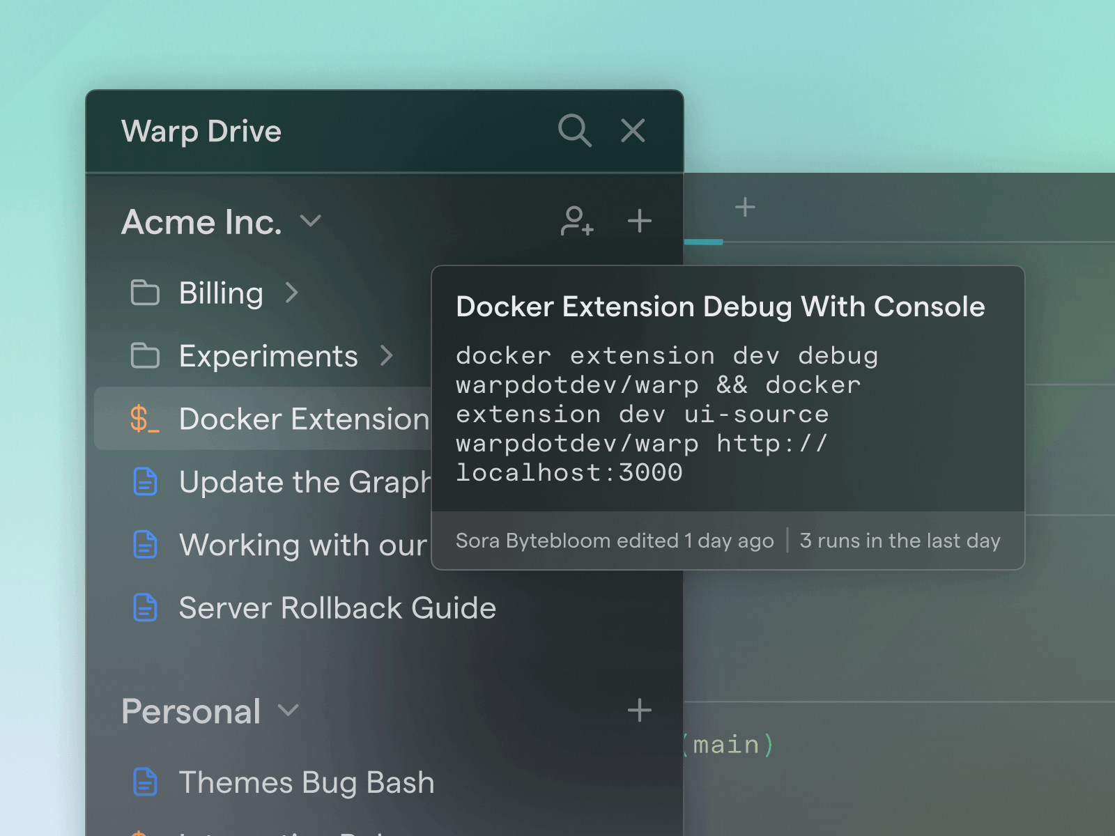 Screenshot of the Warp terminal showing a directory structure for Acme Inc. with folders like Billing, Experiments, and Docker Extension. A specific note titled 'Docker Extension Debug With Console' is highlighted.