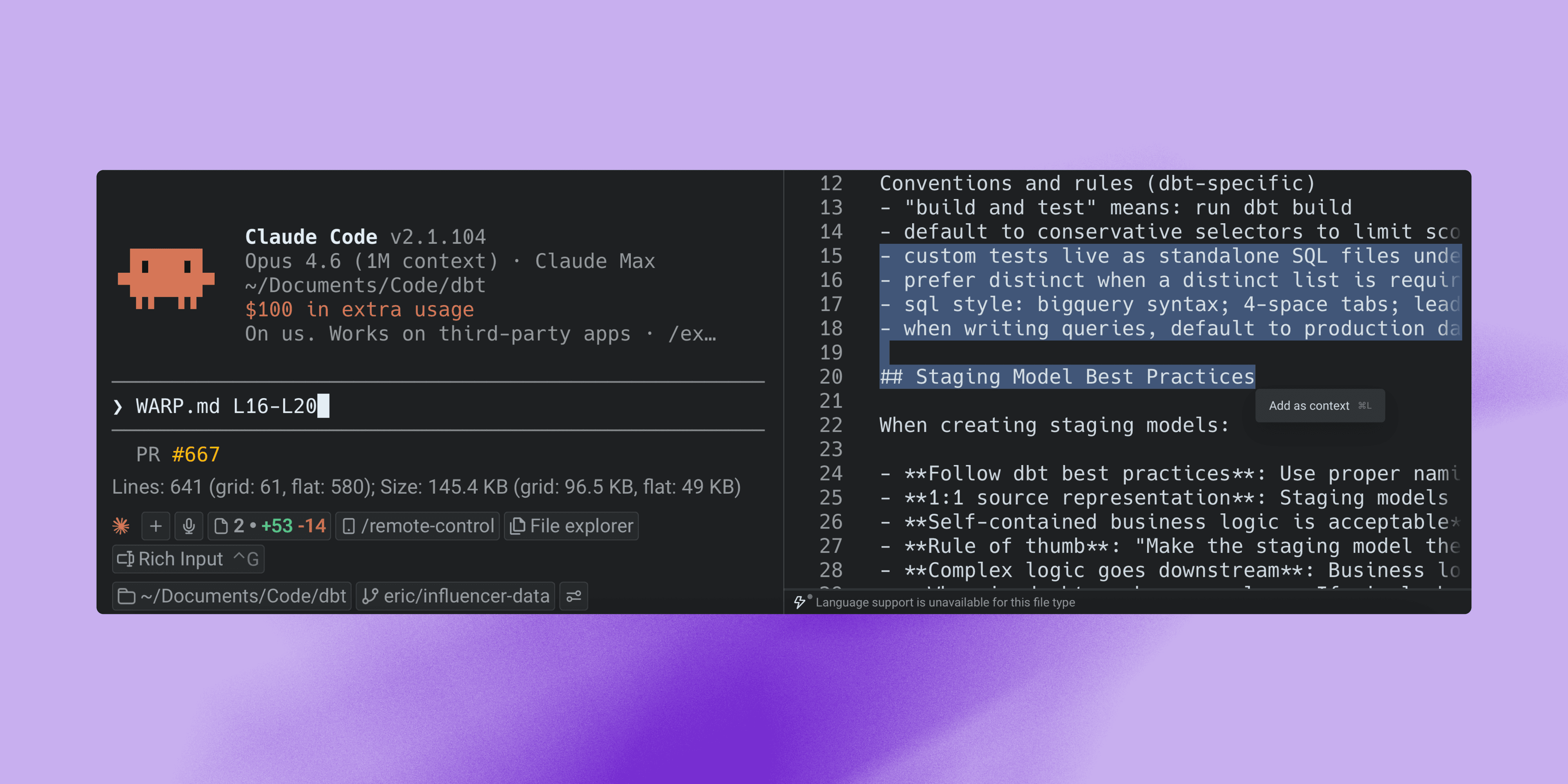 Selecting code and attaching it as context to a running coding agent in Warp