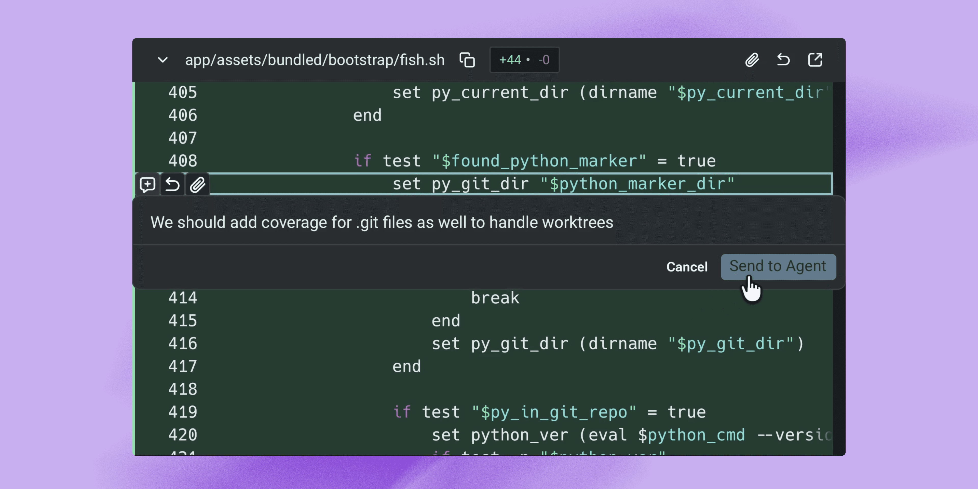 Inline code review comments sent from Warp to a running third-party agent session