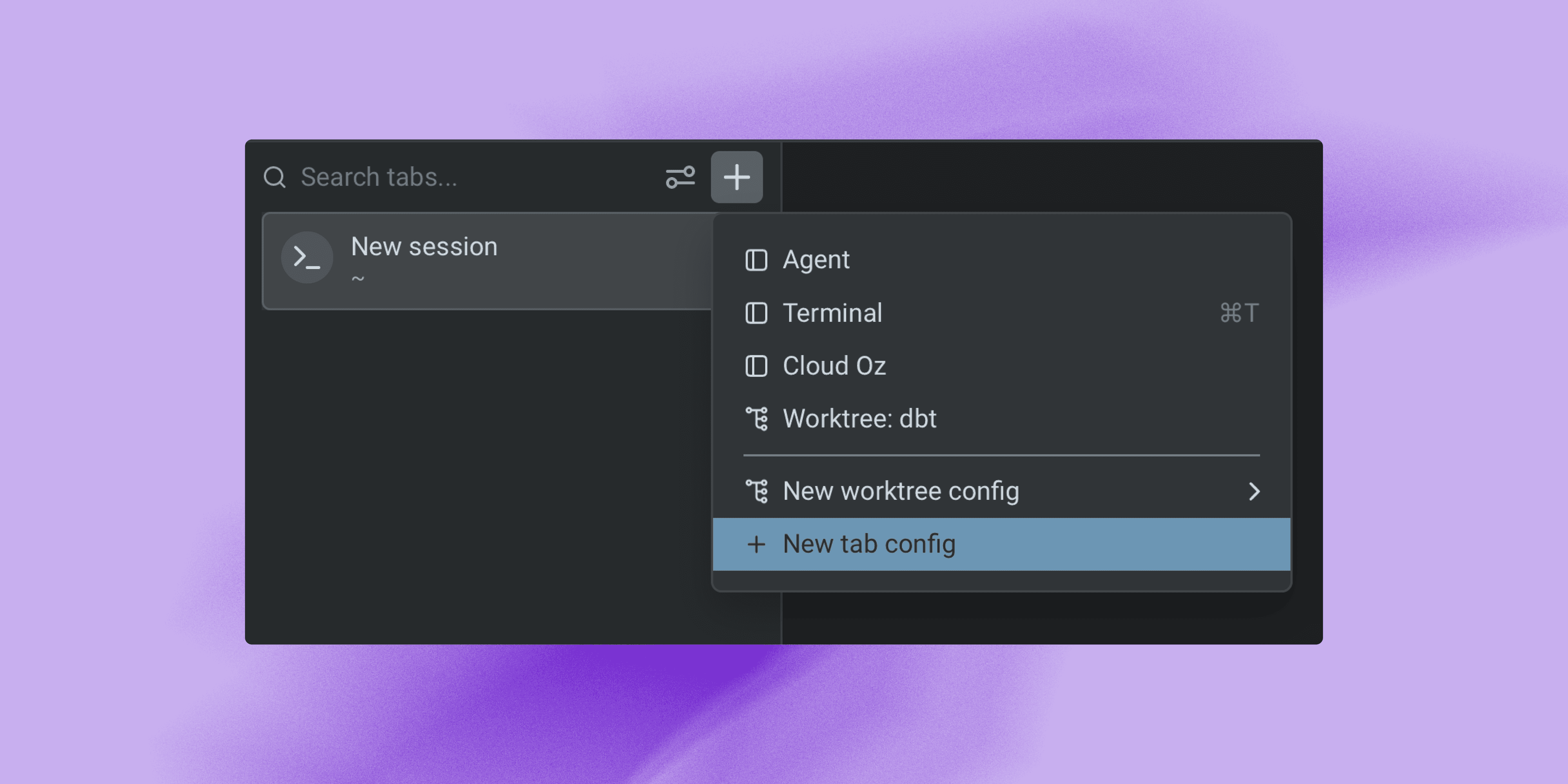Tab Configs interface in Warp for configuring agent tab setups