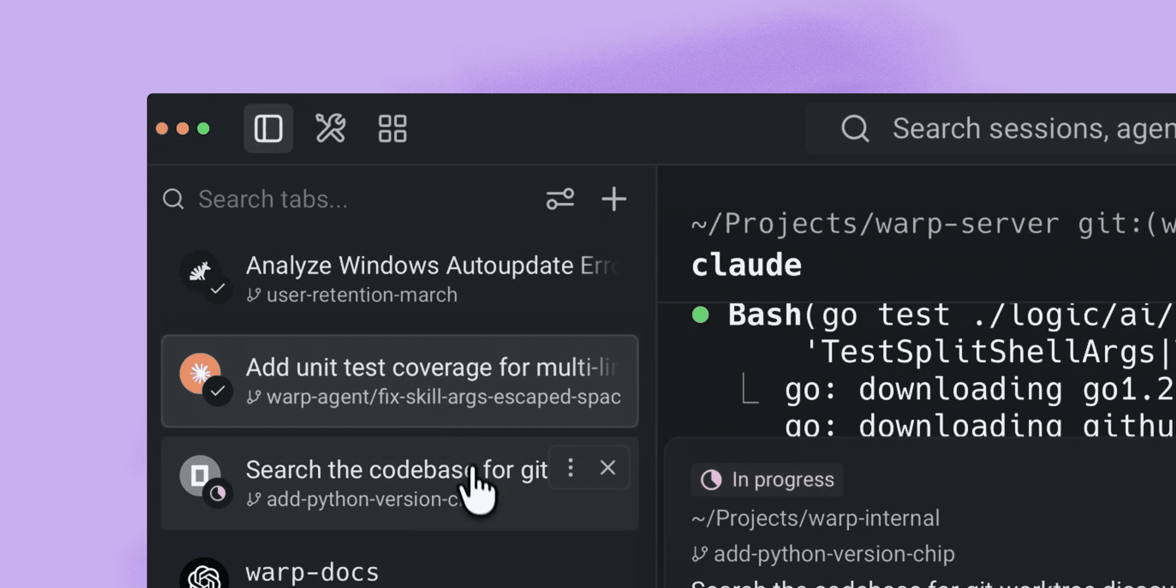 Warp vertical tabs showing multiple coding agent sessions