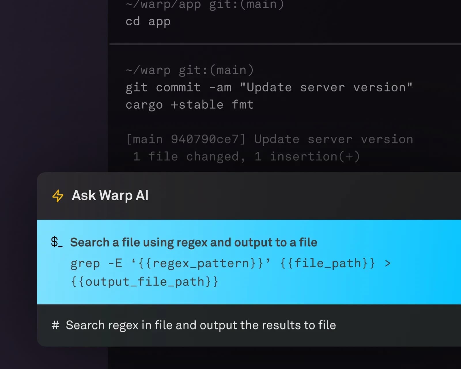 Warp AI suggesting a command from a natural-language prompt