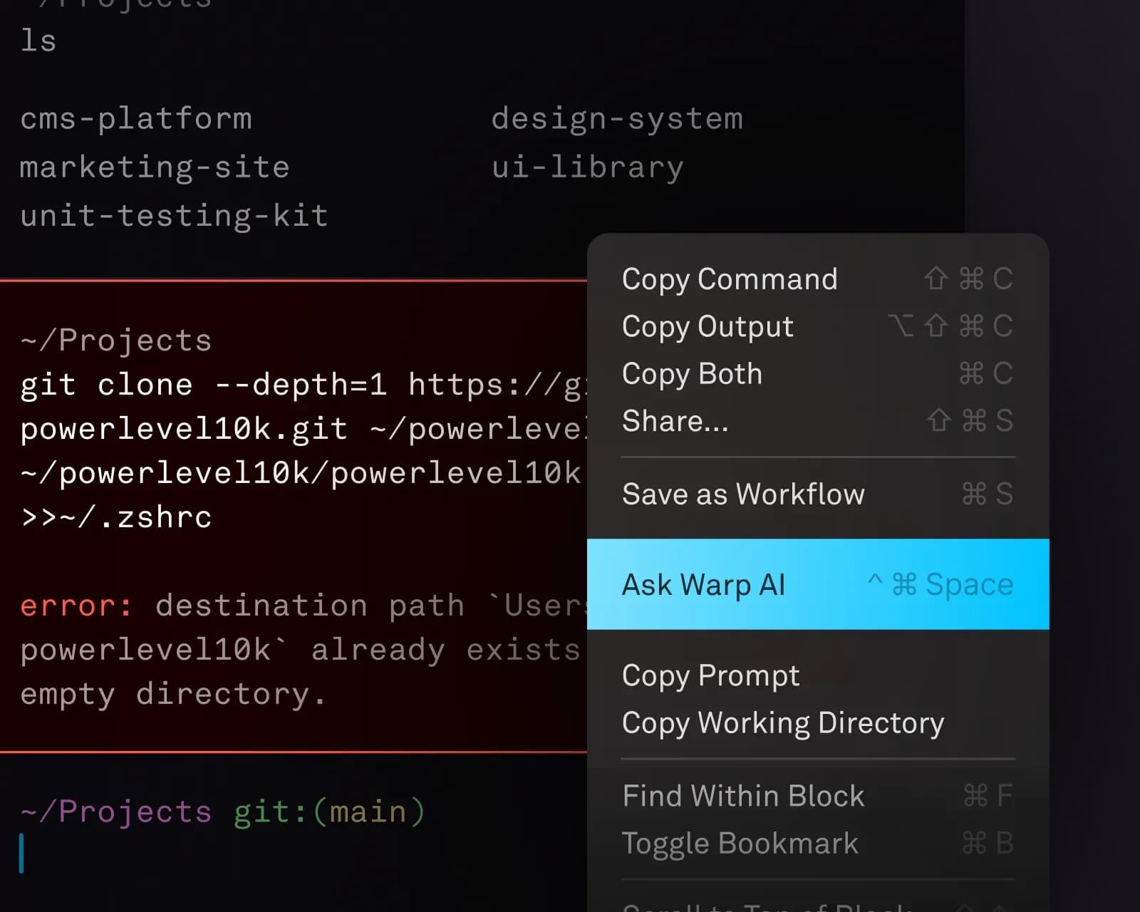 Warp AI explaining a command error and suggesting a fix