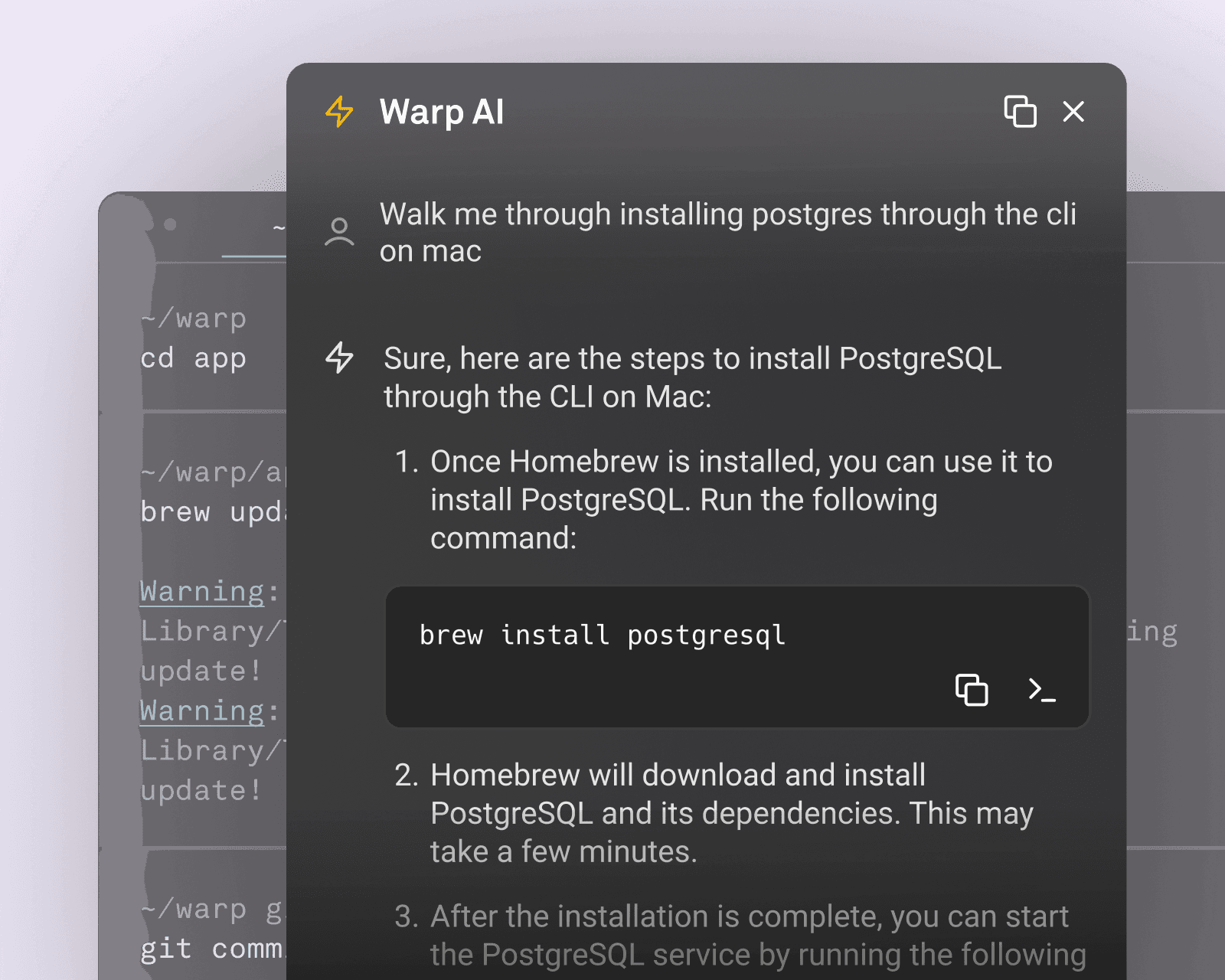 Warp AI walking through a multi-step programming workflow