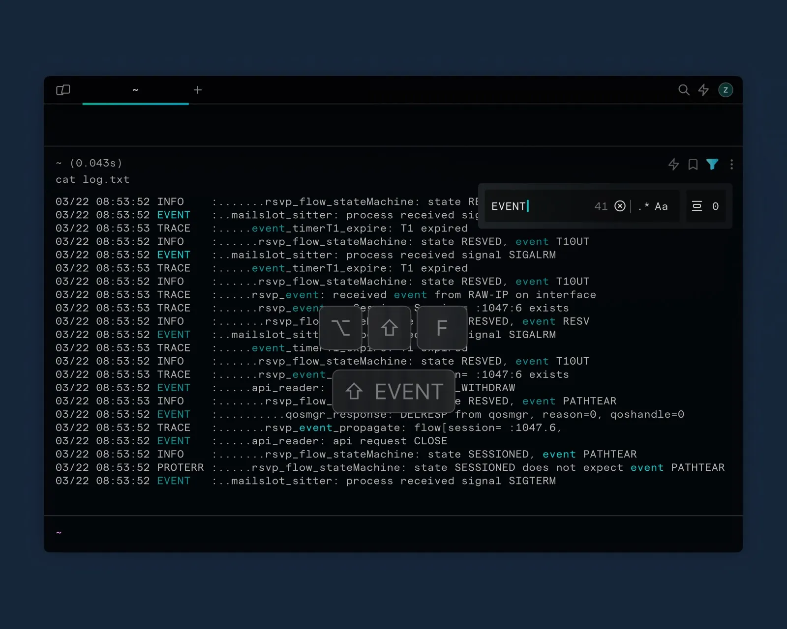 A terminal window displaying a log file with timestamps and various log entries. The background is dark blue.