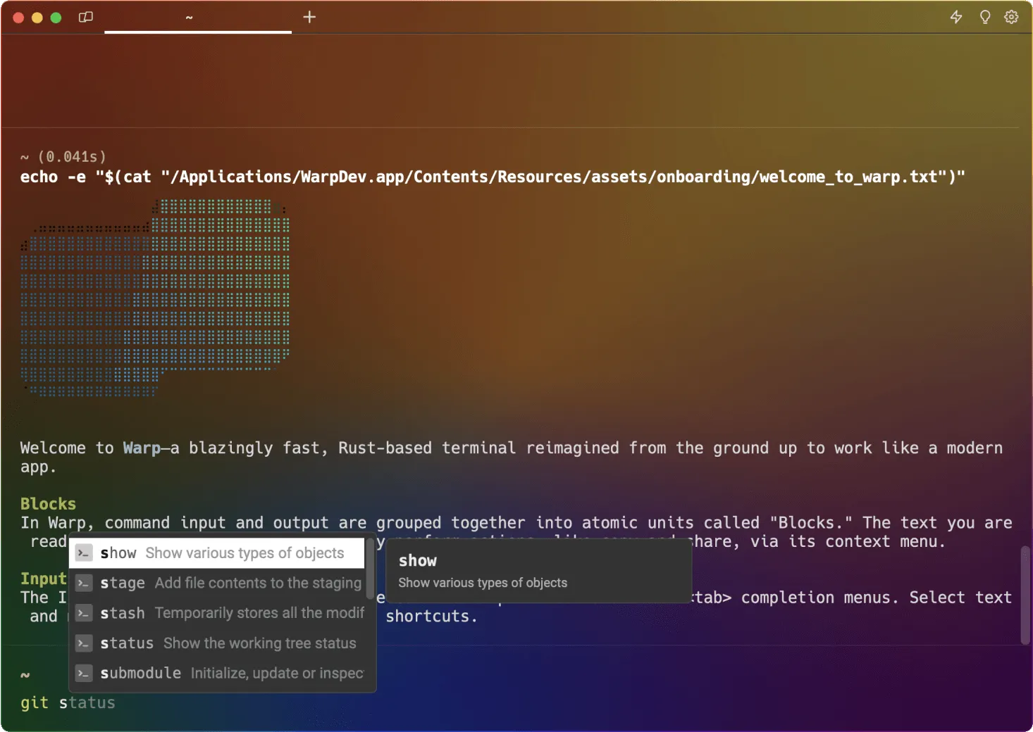 A computer screen showing a code editor with a command to open a file and a pop-up suggestion for file paths. The background has a colorful gradient effect.