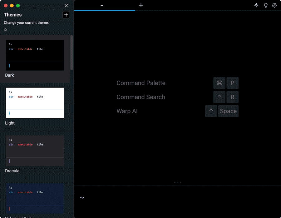 Screenshot of the Warp terminal showing a theme selection interface with options for Dark, Light, and Dracula themes. The main terminal area lists features like Command Palette, Command Search, and Warp AI, with a dark-themed background.