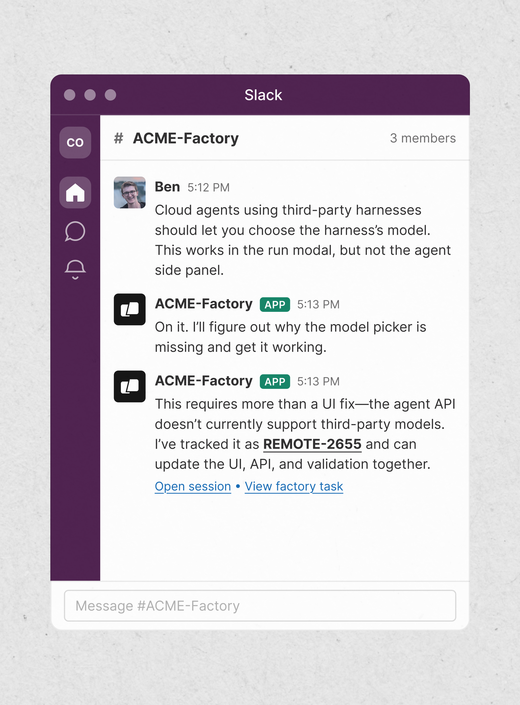 work flows in from chat, tickets, and source control; status flows back to where it started.