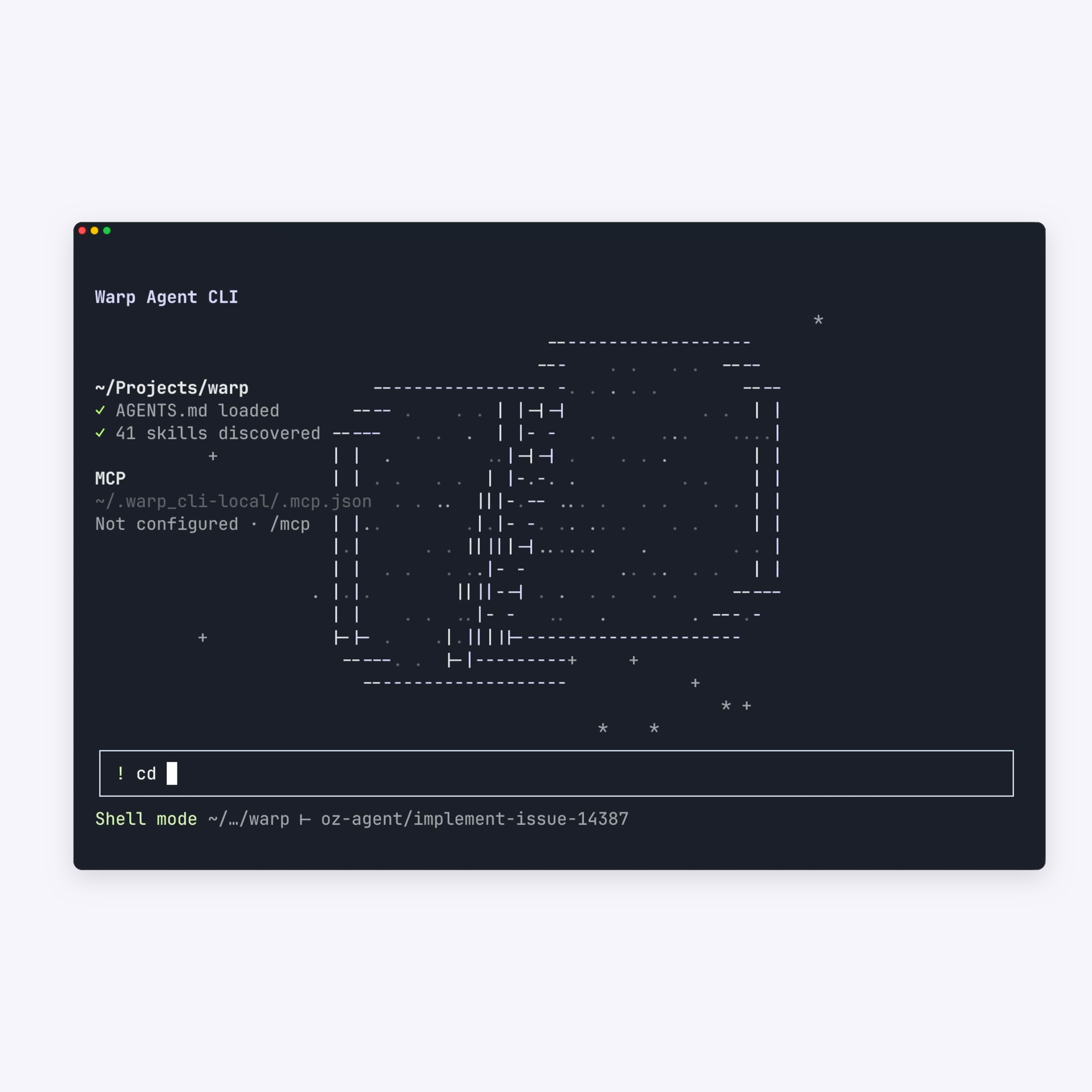 Warp Agent CLI product image, recomposed on a factories-neutral panel