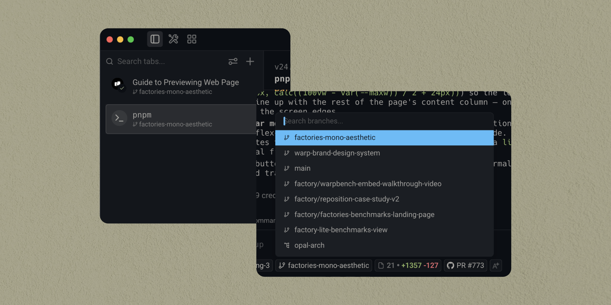 Multithreaded workflows: terminal sessions displayed as vertical tabs with git branch, worktree, and pull-request metadata.