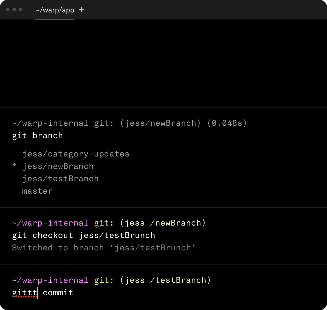 Screenshot of the Warp terminal displaying Git commands including 'git branch', 'git checkout', and 'git commit', with a dark-themed interface.