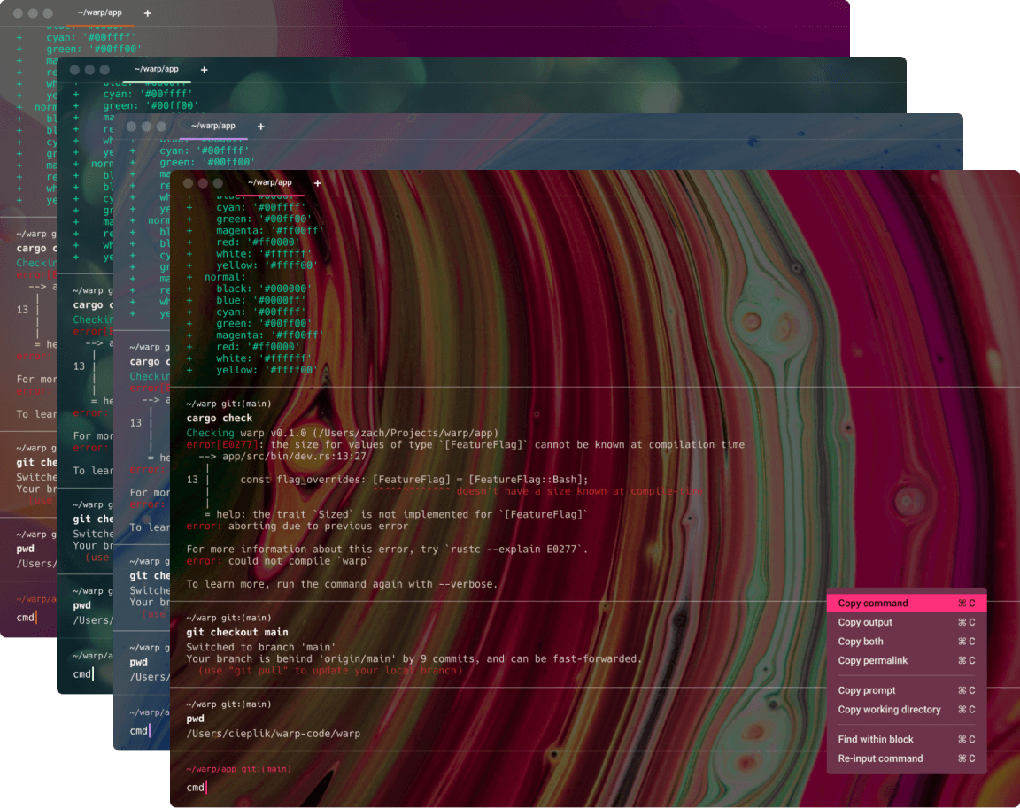 Screenshot of the Warp terminal showing multiple overlapping terminal windows with various commands and outputs. The background features a vibrant, abstract design with swirling colors.