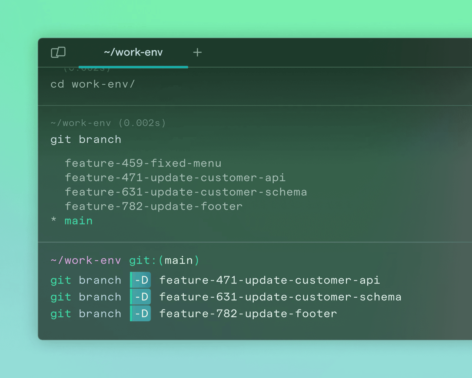 A terminal window showing git commands and outputs, including listing branches and switching branches. The background has a green gradient effect.