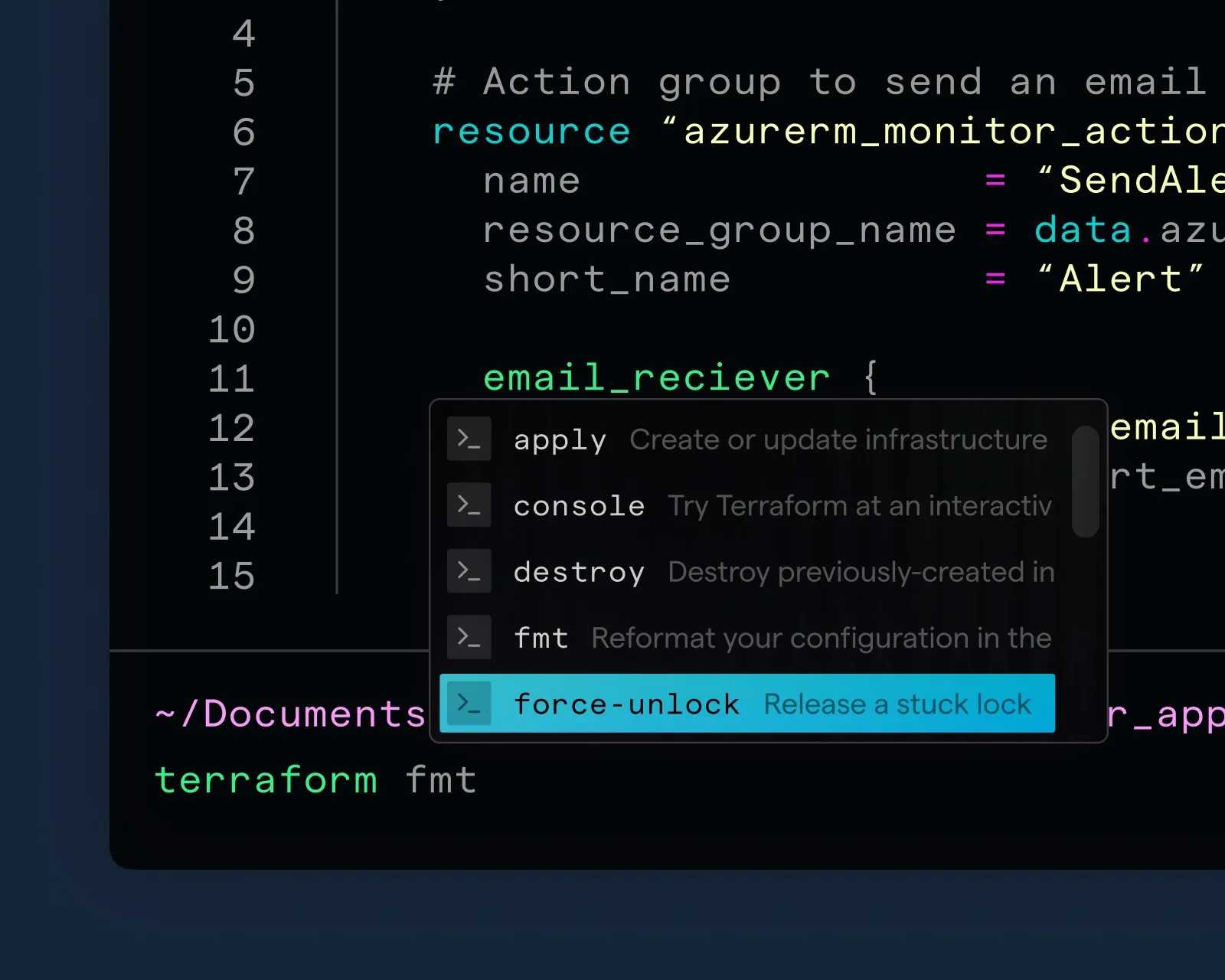 A terminal window showing code for configuring an Azure monitor action group and a pop-up suggestion for Terraform commands. The background is dark blue.