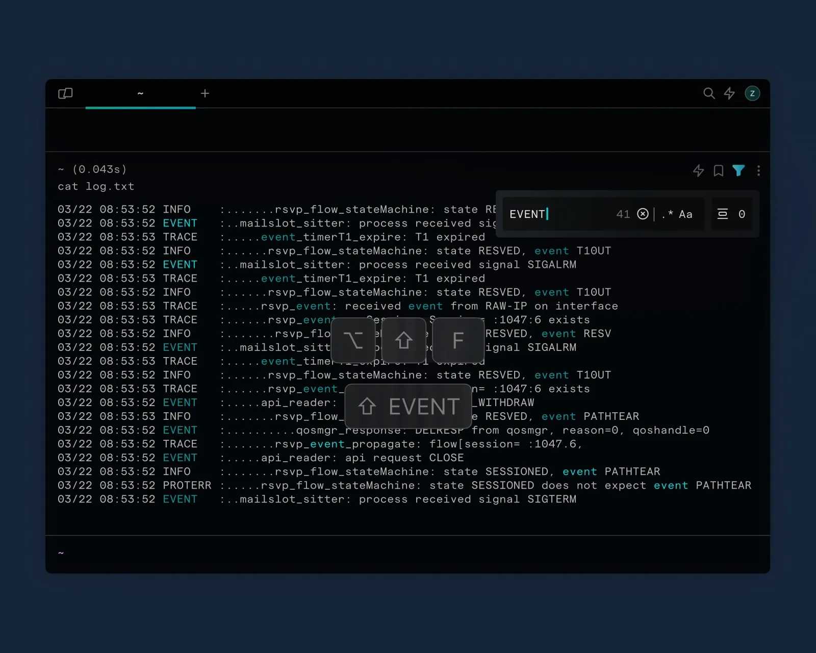 A terminal window displaying a log file with timestamps and various log entries. The background is dark blue.