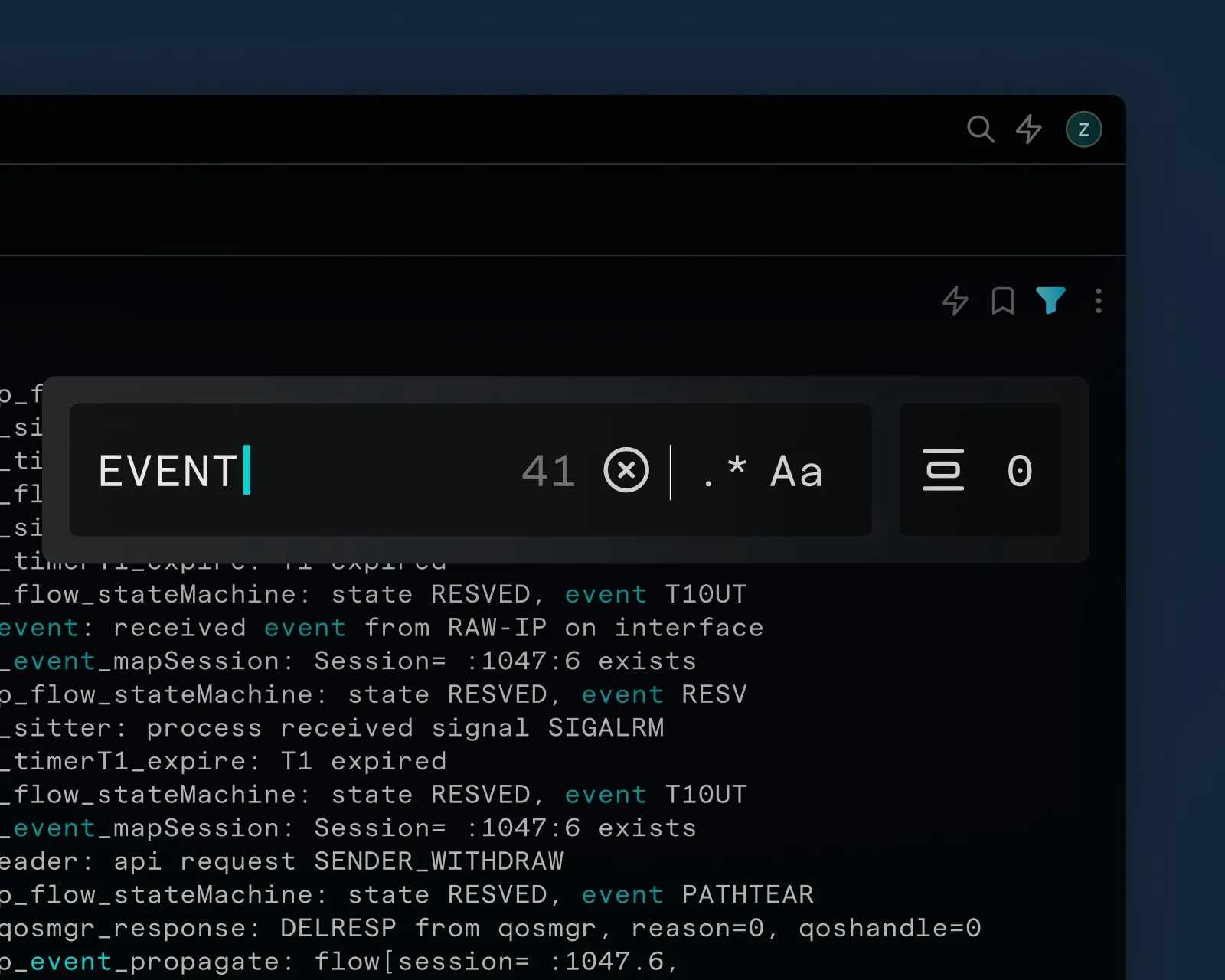 A terminal window showing a search bar with the term "EVENT" highlighted, and log entries displayed below. The background is dark blue.