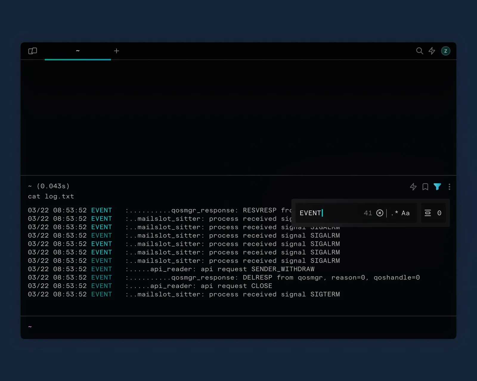 A terminal window displaying log entries with timestamps and a search bar highlighting the term "ERROR." The background is dark blue.