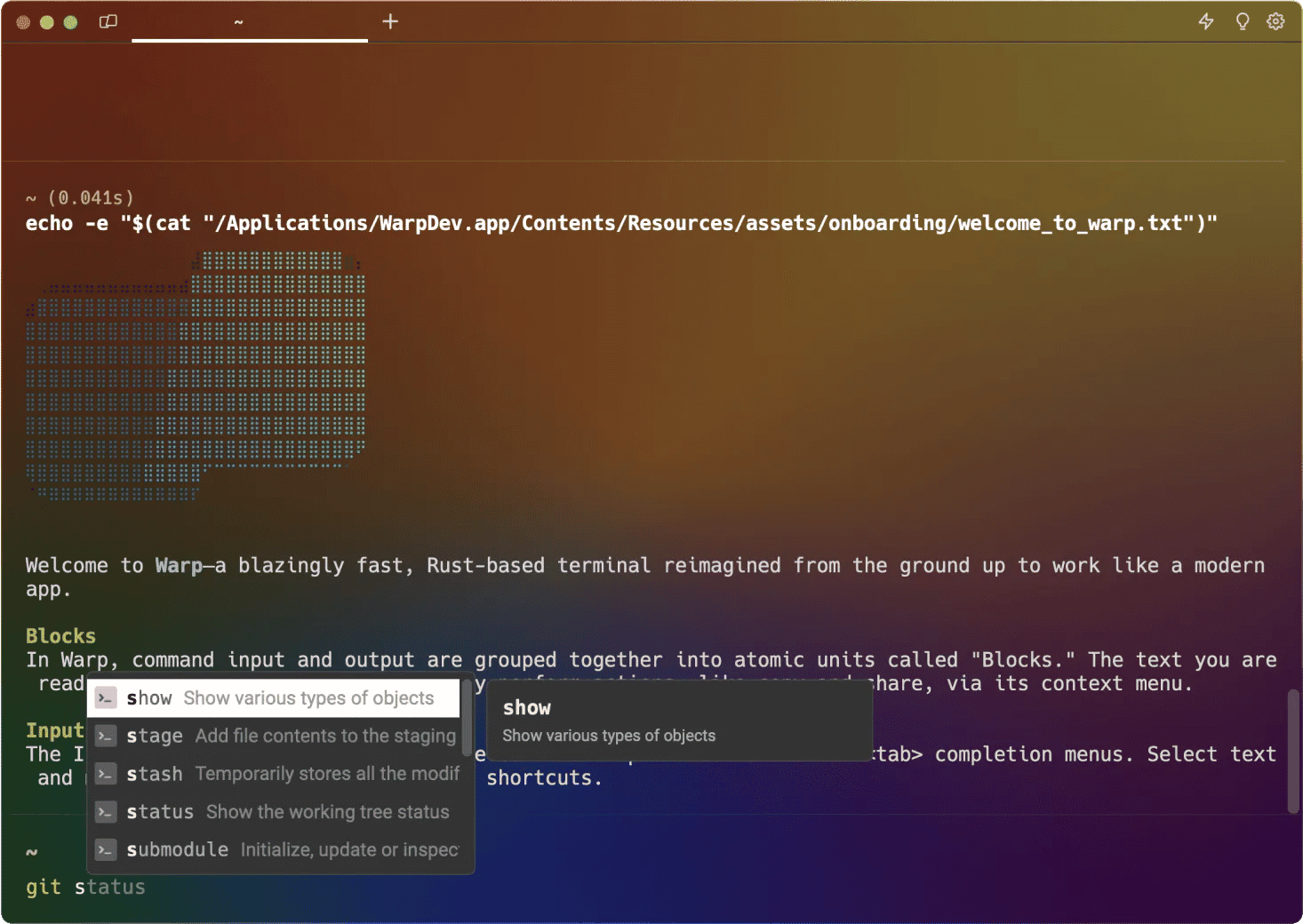 A computer screen showing a code editor with a command to open a file and a pop-up suggestion for file paths. The background has a colorful gradient effect.