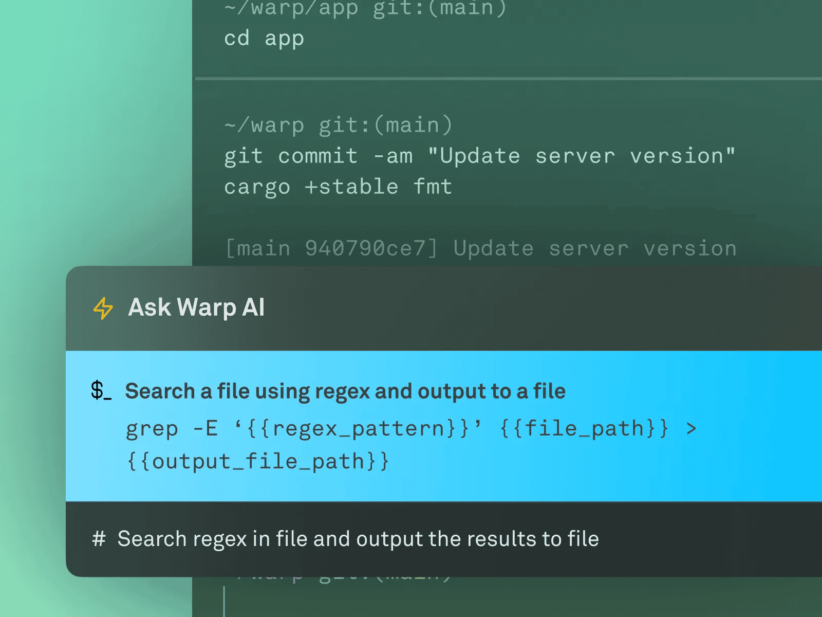 A terminal window with Warp AI providing a command to search a file using regex and output the results to a file. The background has a green gradient effect.