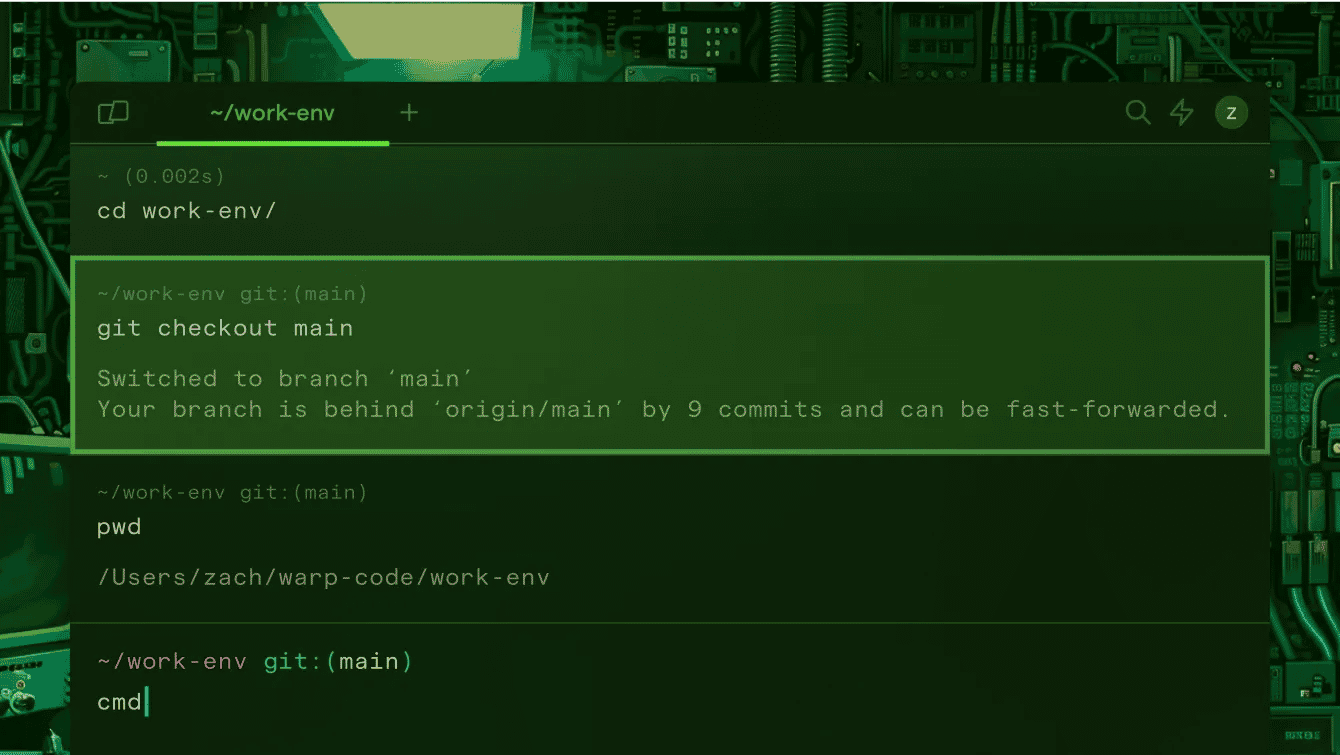 Screenshot of the Warp terminal showing Git commands including 'git checkout' and 'git merge', with a dark green-themed interface and a background resembling a circuit board.