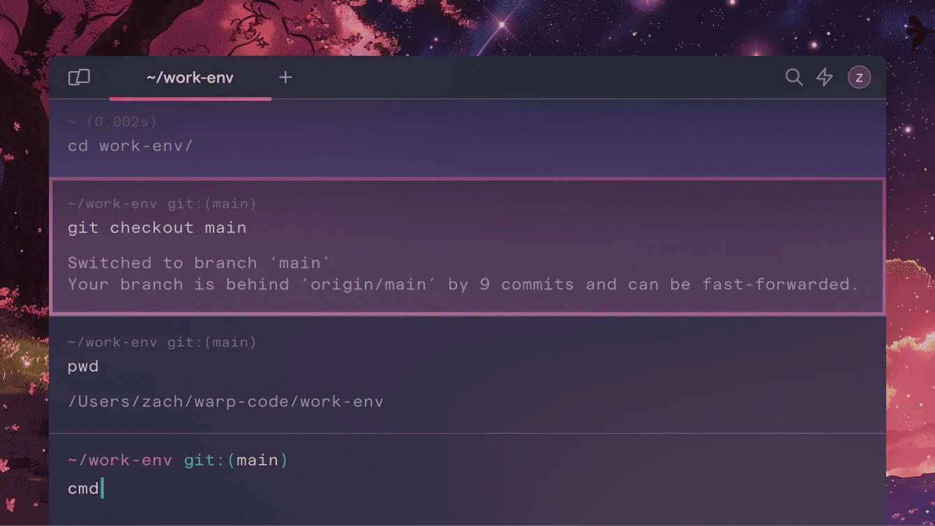 Screenshot of the Warp terminal showing Git commands such as 'git checkout' and 'git merge', with a dark purple-themed interface and a background featuring a starry night sky with nebula clouds.