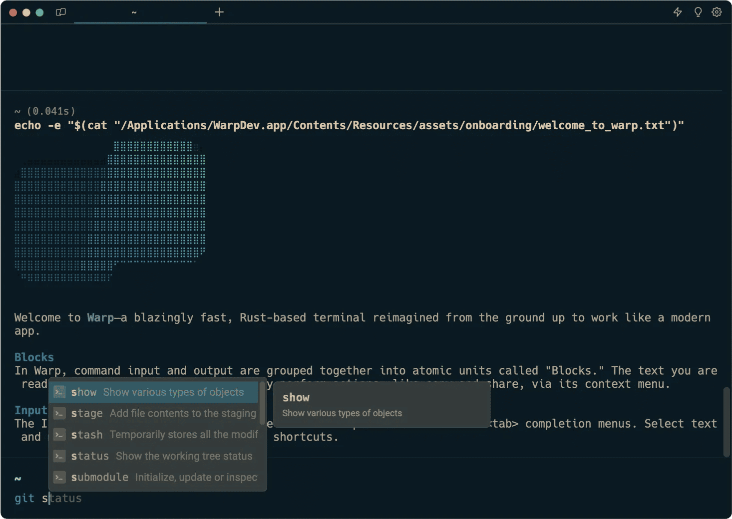 A computer screen displaying a code editor with a command to open a file and a pop-up suggestion for file paths. The background is dark with a subtle abstract design.