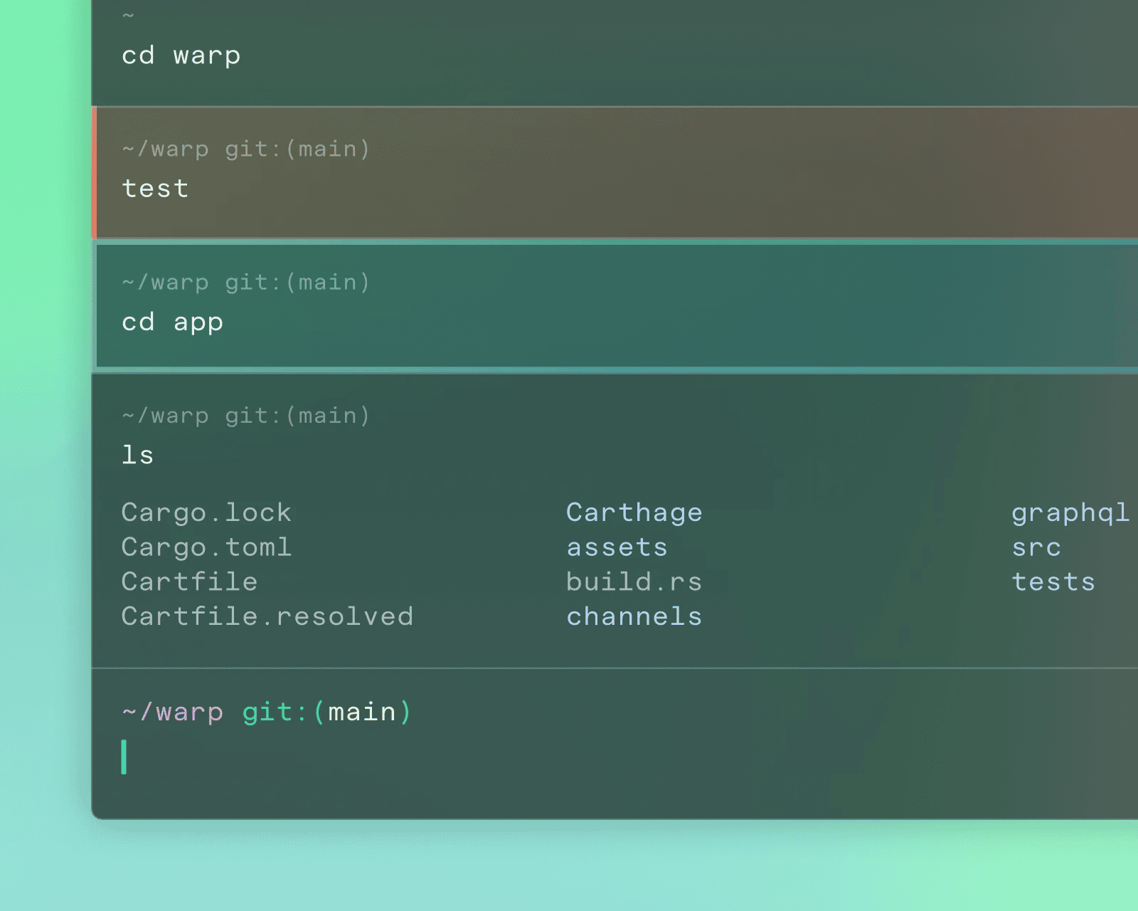 A terminal window showing commands to change directories and list contents. The background has a green gradient effect.