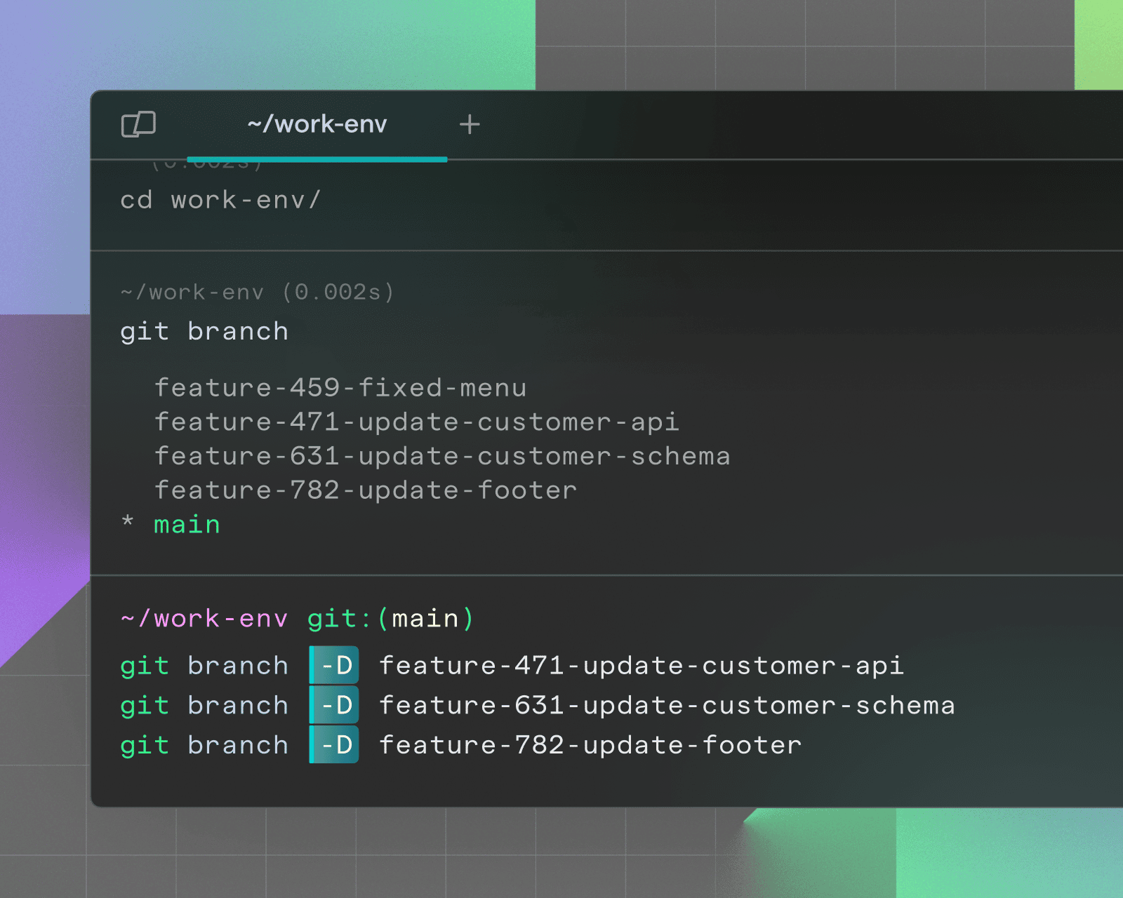 Warp terminal window showing a list of Git branches, including feature branches and the main branch, with branch details and status.