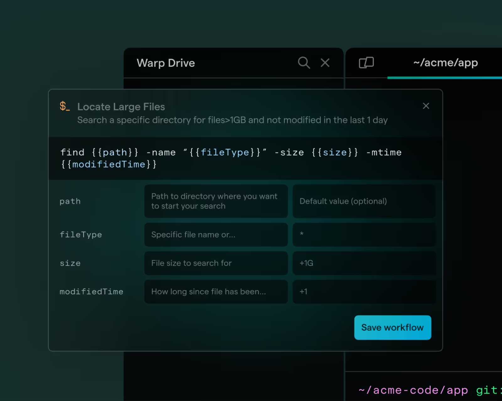 Warp terminal window displaying a script to locate large files in a directory, with input fields for path, file type, size, and modification time, and an option to save the workflow.