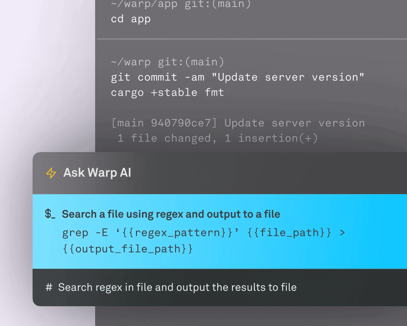 Warp terminal window with Warp AI suggesting a command to search a file using regex and output the results to a new file.