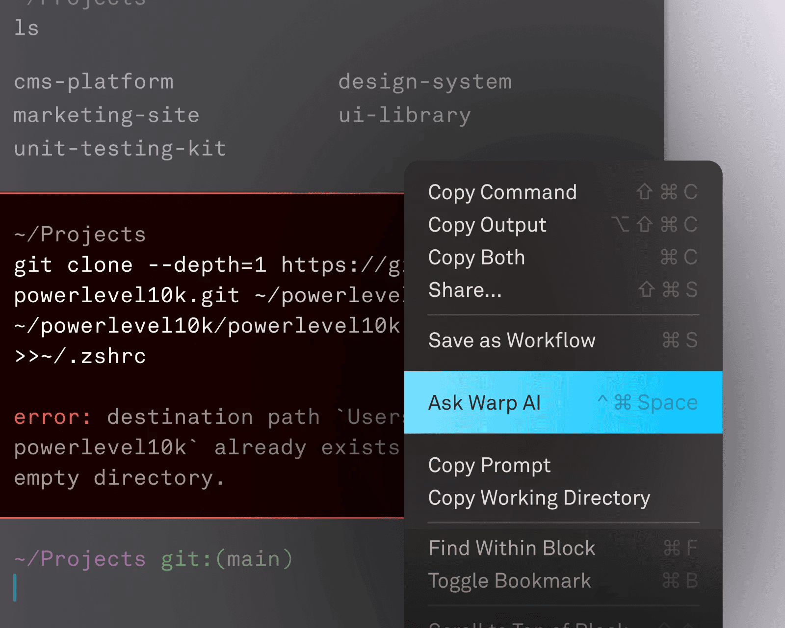 Warp terminal window with a context menu open, highlighting the "Ask Warp AI" option for assistance with a Git clone command error.