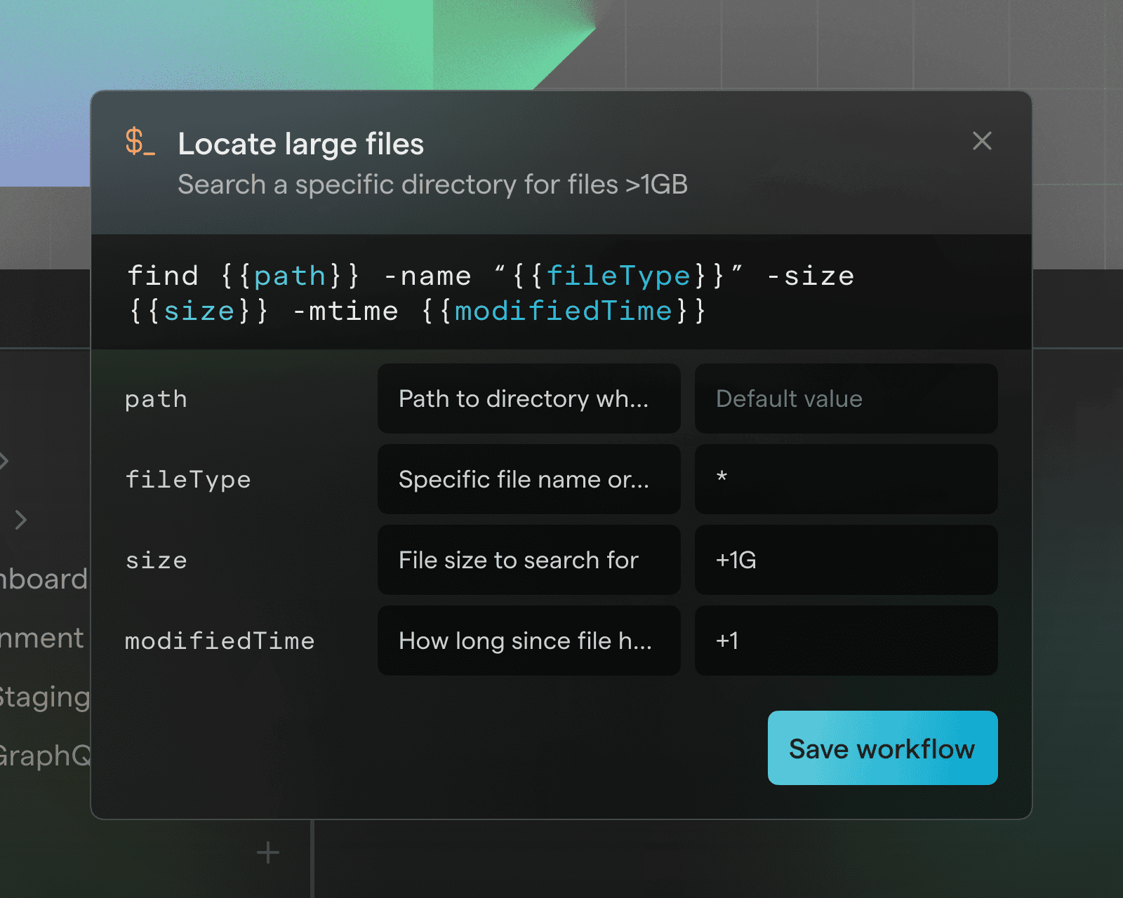 Warp terminal window displaying a script to locate large files in a directory, with fields for path, file type, size, and modification time.